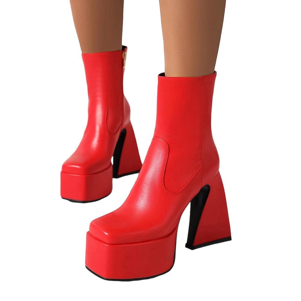 BVIENNIC RED Chunky square toe platform ankle GO-GO Boots w Heels EU42